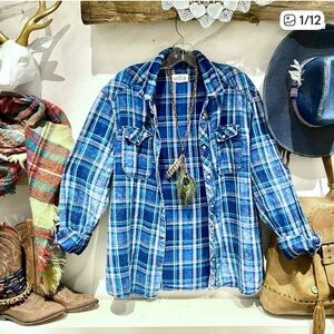 Upcycled Native wildlife back detailing plaid boho shirt w western country vibe